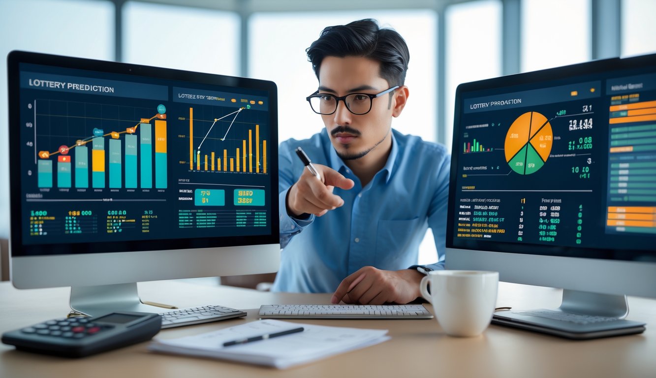 Seseorang sedang menganalisis data lotre di depan beberapa layar komputer di kantor modern.