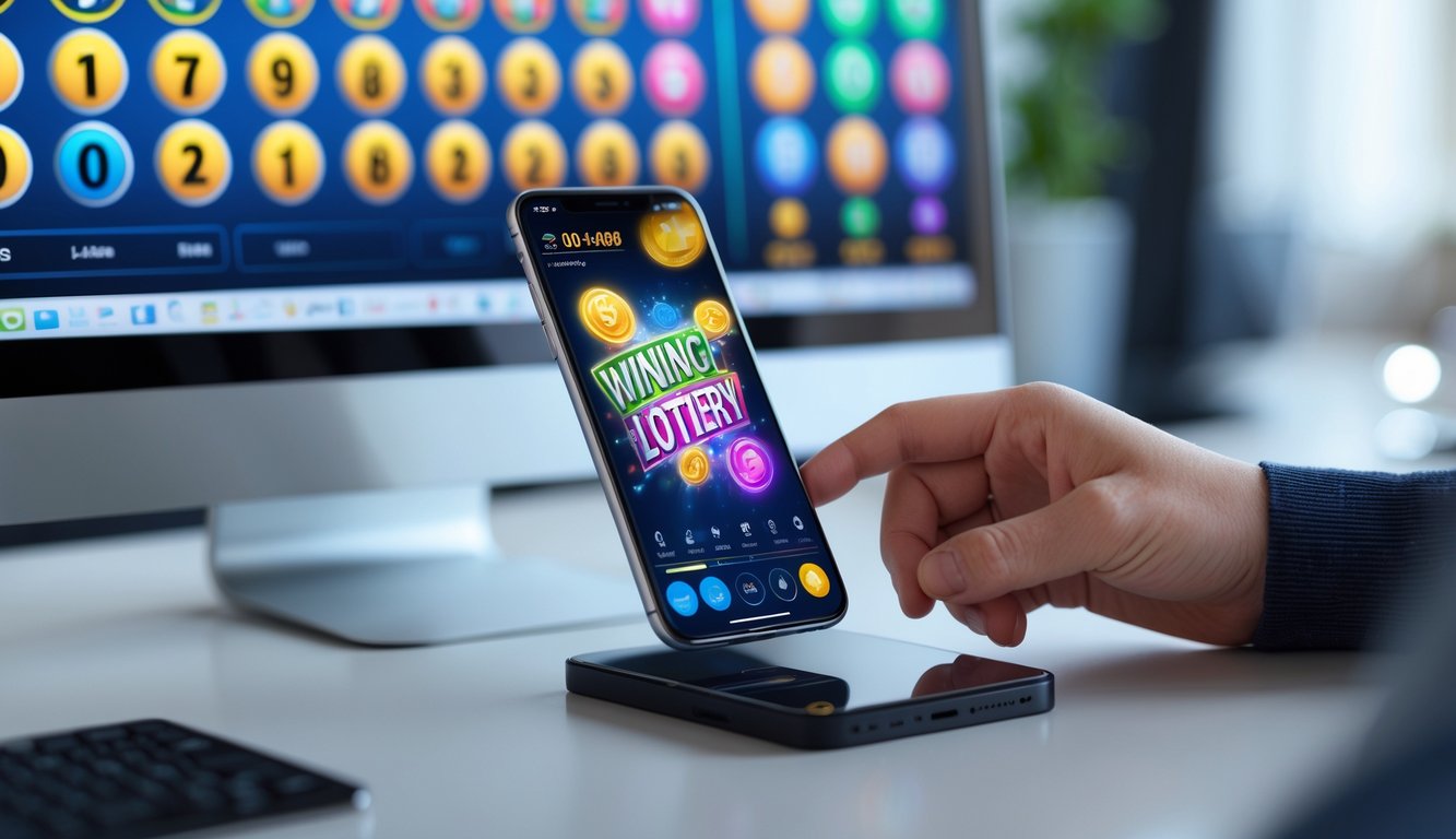 Seseorang menggunakan ponsel dan komputer untuk bermain togel online dengan tampilan angka dan grafik jackpot yang berwarna-warni.