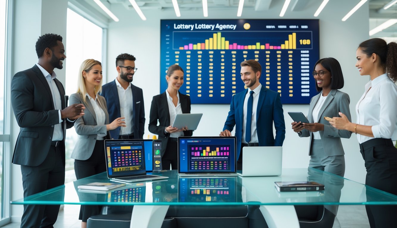 Sekelompok profesional bekerja bersama di kantor modern dengan perangkat digital yang menampilkan angka dan grafik lotere.
