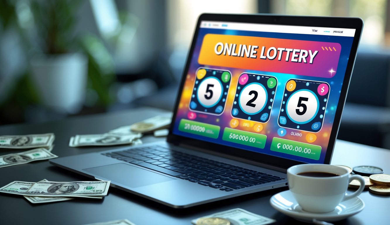 Seorang pengguna sedang melihat layar laptop dengan tampilan aplikasi togel online, di meja terdapat uang dan ponsel.