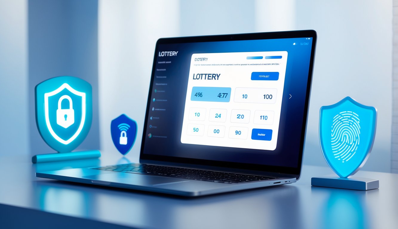 Laptop modern di meja dengan simbol keamanan digital seperti gembok dan perisai, menunjukkan konsep togel online yang aman dan terpercaya.