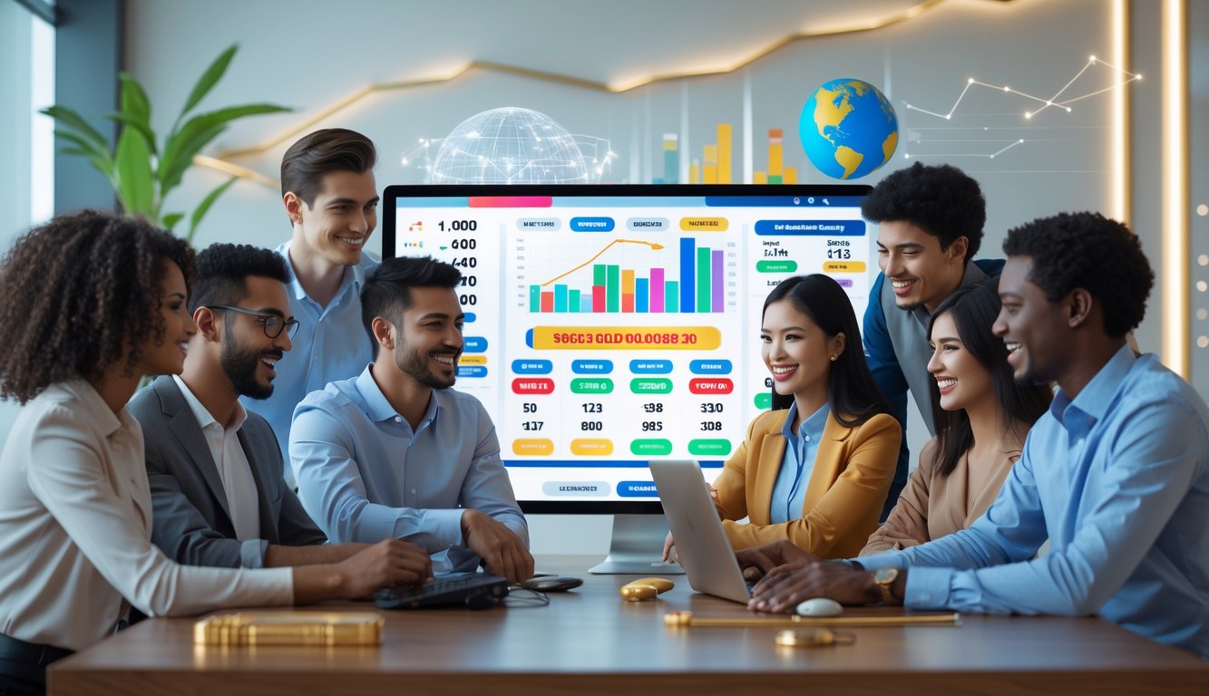 Sekelompok orang muda bekerja bersama di kantor modern dengan layar komputer yang menampilkan grafik dan elemen lotere digital.