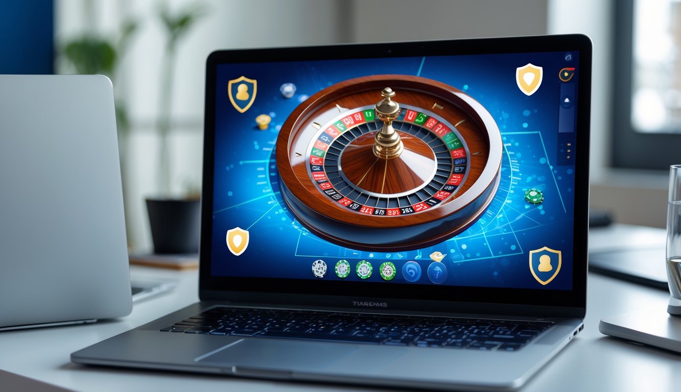 Sebuah meja kerja dengan komputer yang menampilkan permainan roulette online yang sedang berjalan.