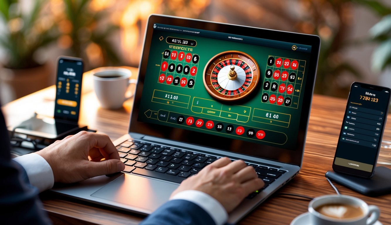Sebuah laptop menampilkan permainan roulette online dengan roda roulette dan bola putih pada angka yang menang, dikelilingi oleh tangan yang siap mengklik mouse dan ponsel di atas meja kayu.