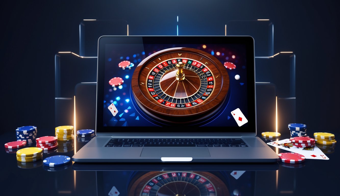 Layar komputer menampilkan roda roulette online yang sedang berputar dengan bola putih, dikelilingi chip digital dan kartu remi.