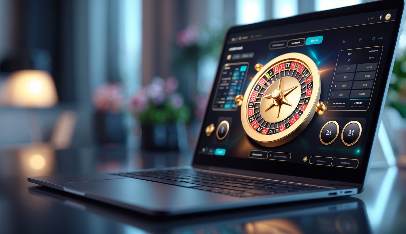 Sebuah perangkat modern menampilkan permainan roulette online dengan latar belakang ruangan yang nyaman dan pencahayaan lembut.