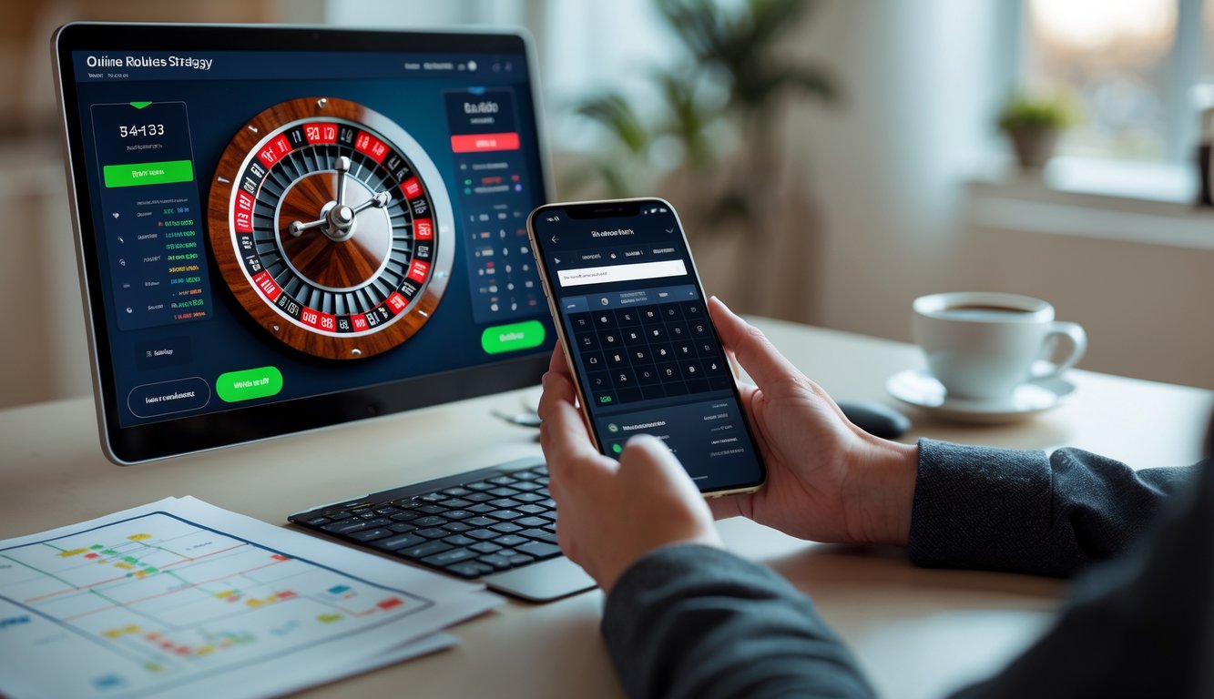 Tangan seseorang menggunakan komputer dan ponsel dengan layar roda roulette online yang berputar, di meja terdapat catatan strategi dan secangkir kopi.