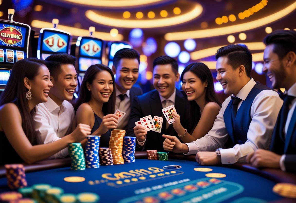 A group of people celebrating around a slot machine and poker table inside a casino with chips and playing cards visible.