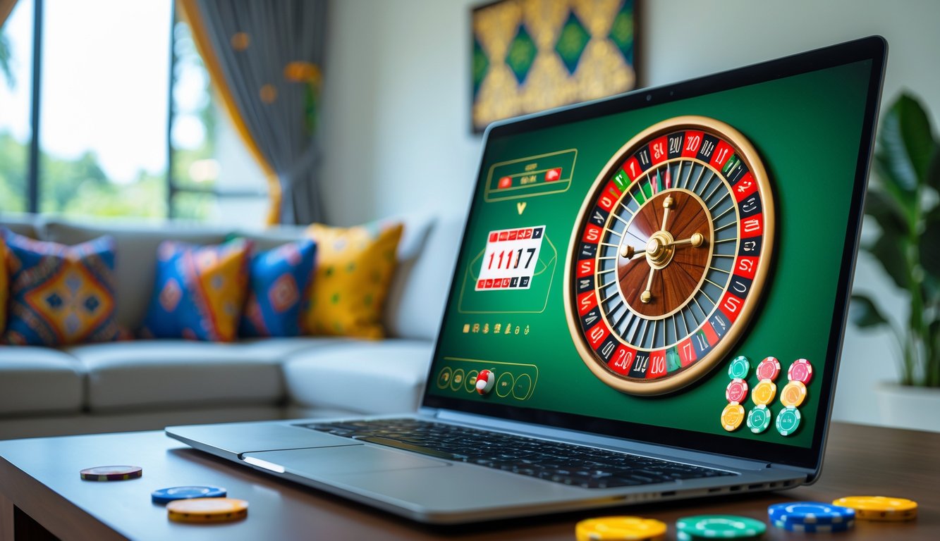 Seorang pemain menggunakan komputer dengan tampilan roda roulette dan chip di layar dalam ruangan yang nyaman dengan dekorasi batik.