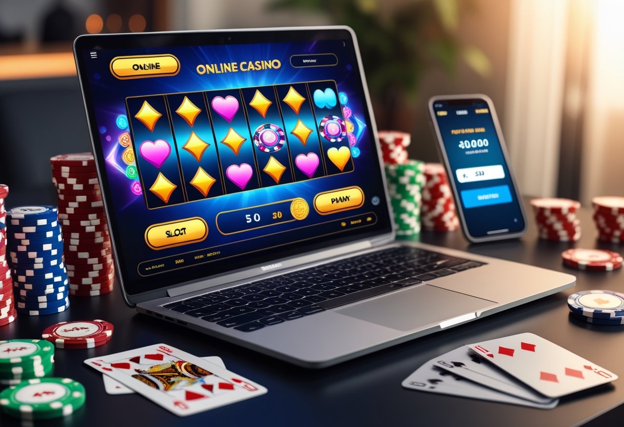 A laptop on a desk showing an online slot game with poker chips and playing cards nearby.