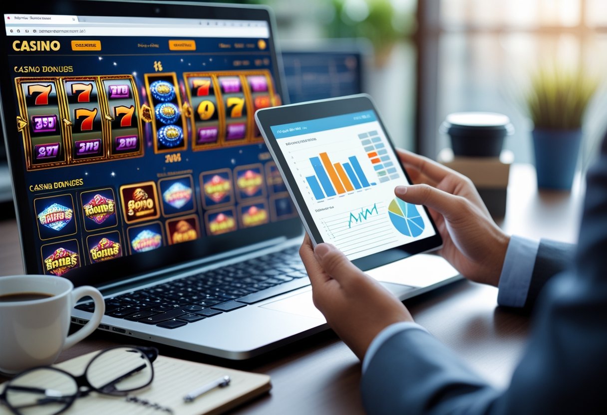 A person analyzing online casino data on a laptop and tablet at a desk with office supplies.