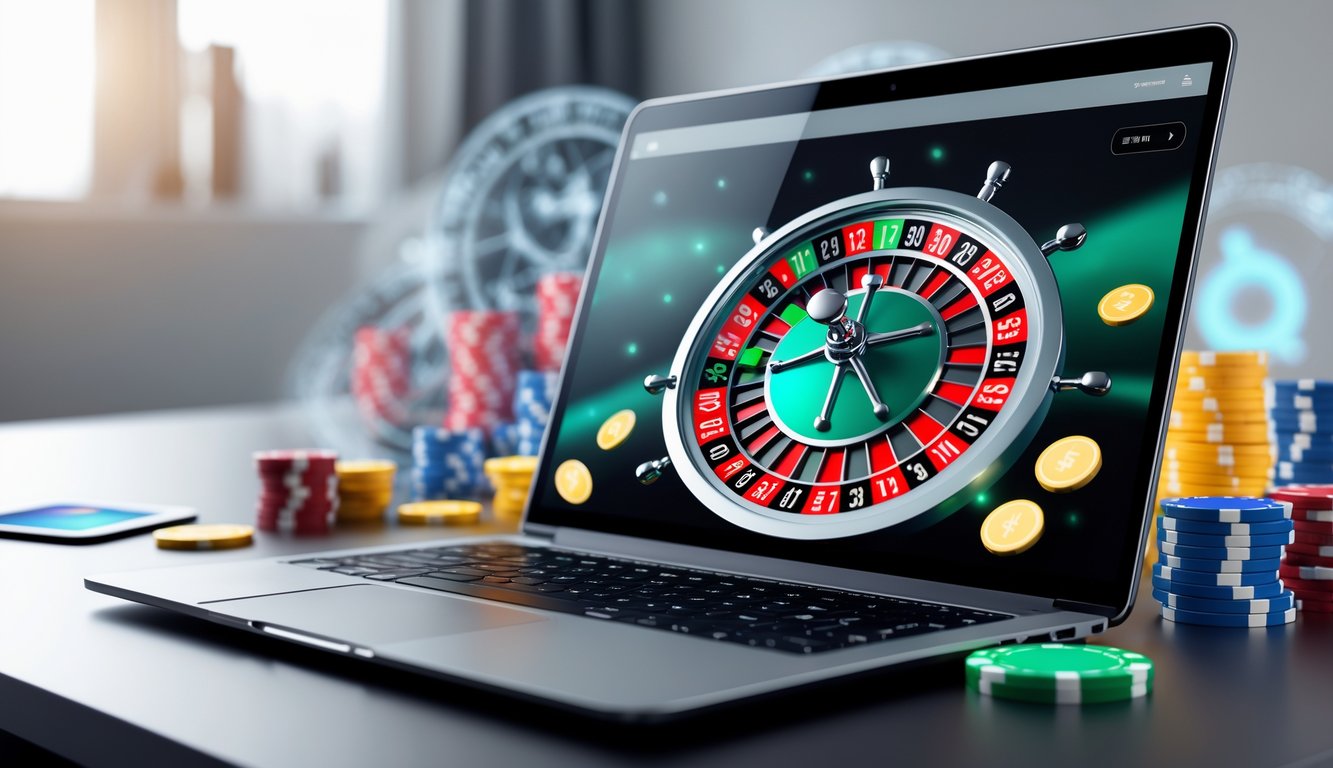 Sebuah layar komputer menampilkan roda roulette virtual berwarna cerah yang sedang berputar dengan latar belakang kasino digital yang samar.