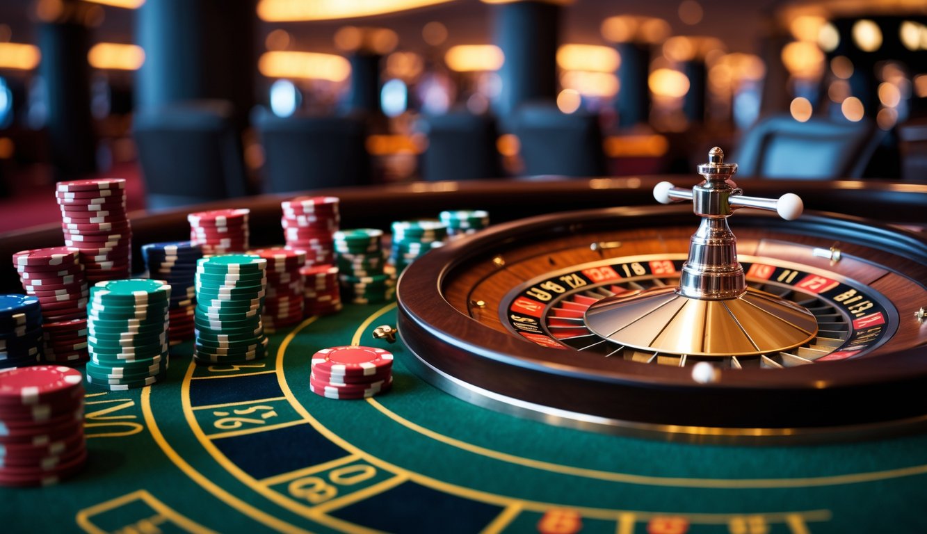 Meja roulette dengan roda roulette yang berputar dan bola putih di kasino yang mewah.