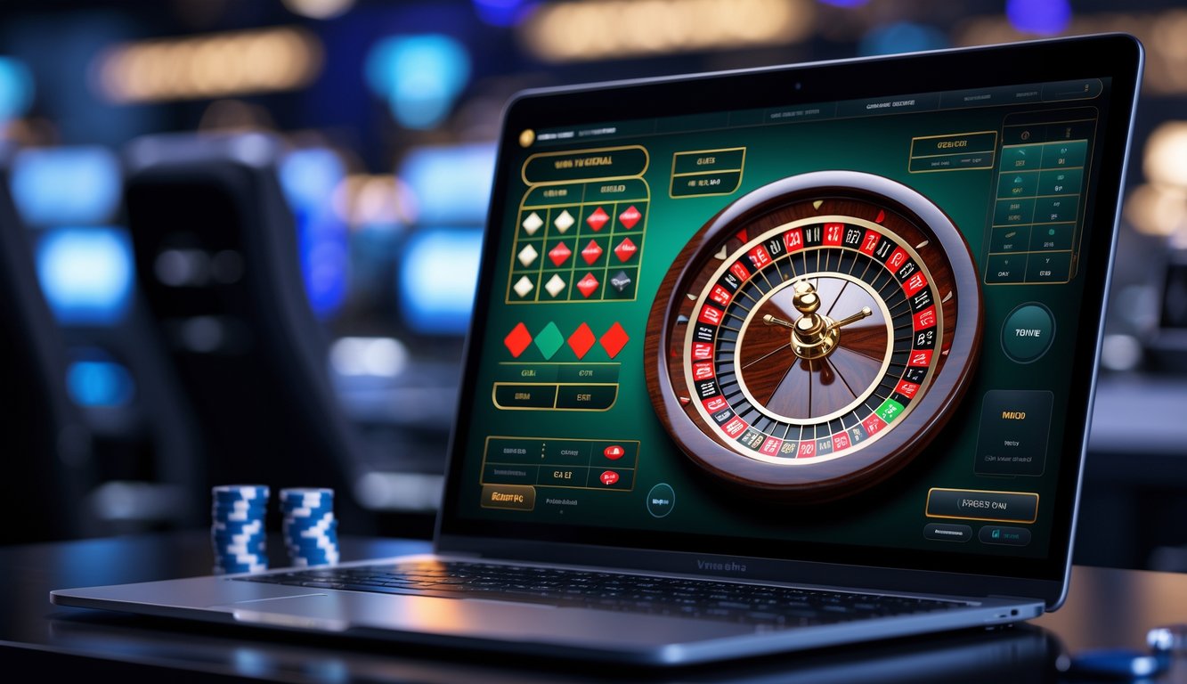 Sebuah layar komputer menampilkan permainan roulette virtual dengan roda roulette digital dan chip taruhan dalam suasana kasino online.