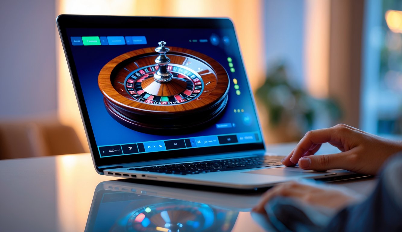 Seseorang menggunakan laptop dengan tampilan roda roulette digital di layar, menunjukkan aktivitas taruhan roulette online.