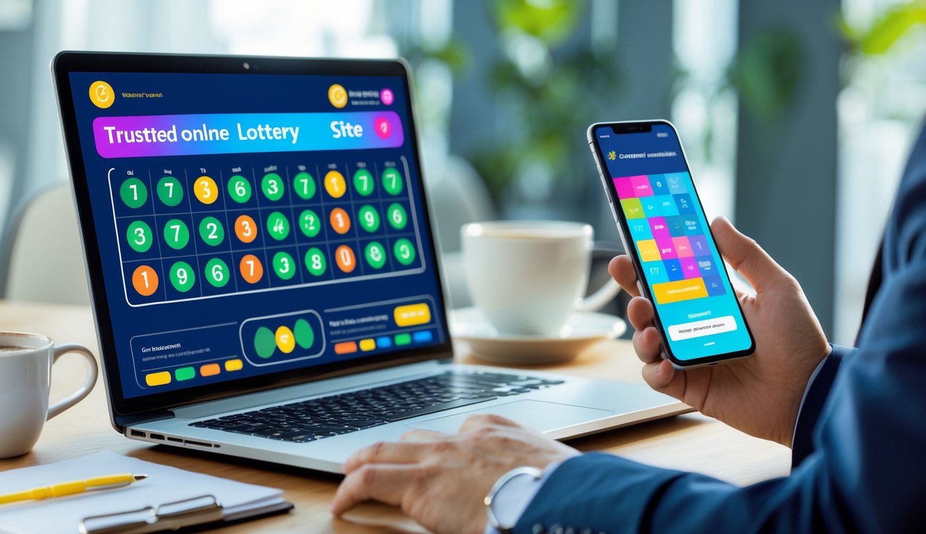 Seorang profesional menggunakan laptop dan ponsel di meja kerja modern dengan tampilan antarmuka lotere digital di layar.