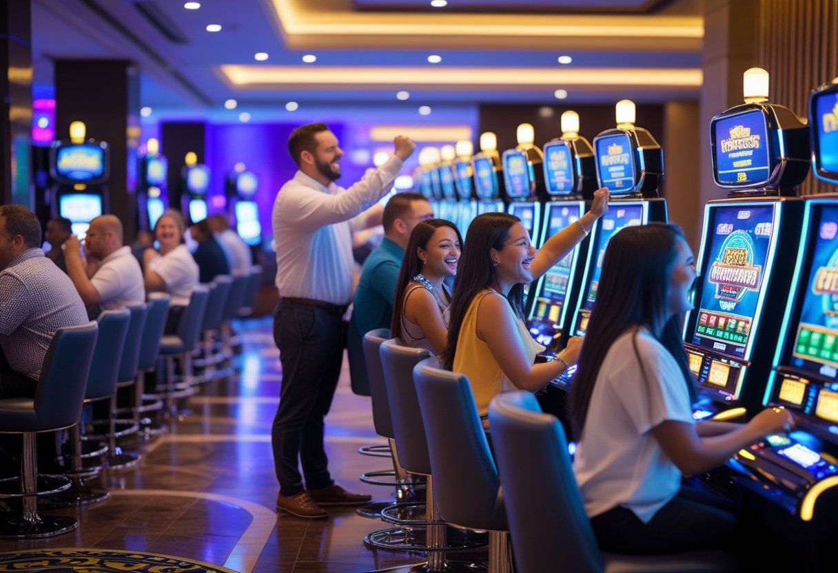 People playing electronic sweepstakes gaming machines in a modern casino setting.