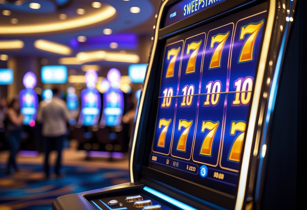 A modern casino interior with a digital slot machine showing colorful spinning reels and people playing games in the background.