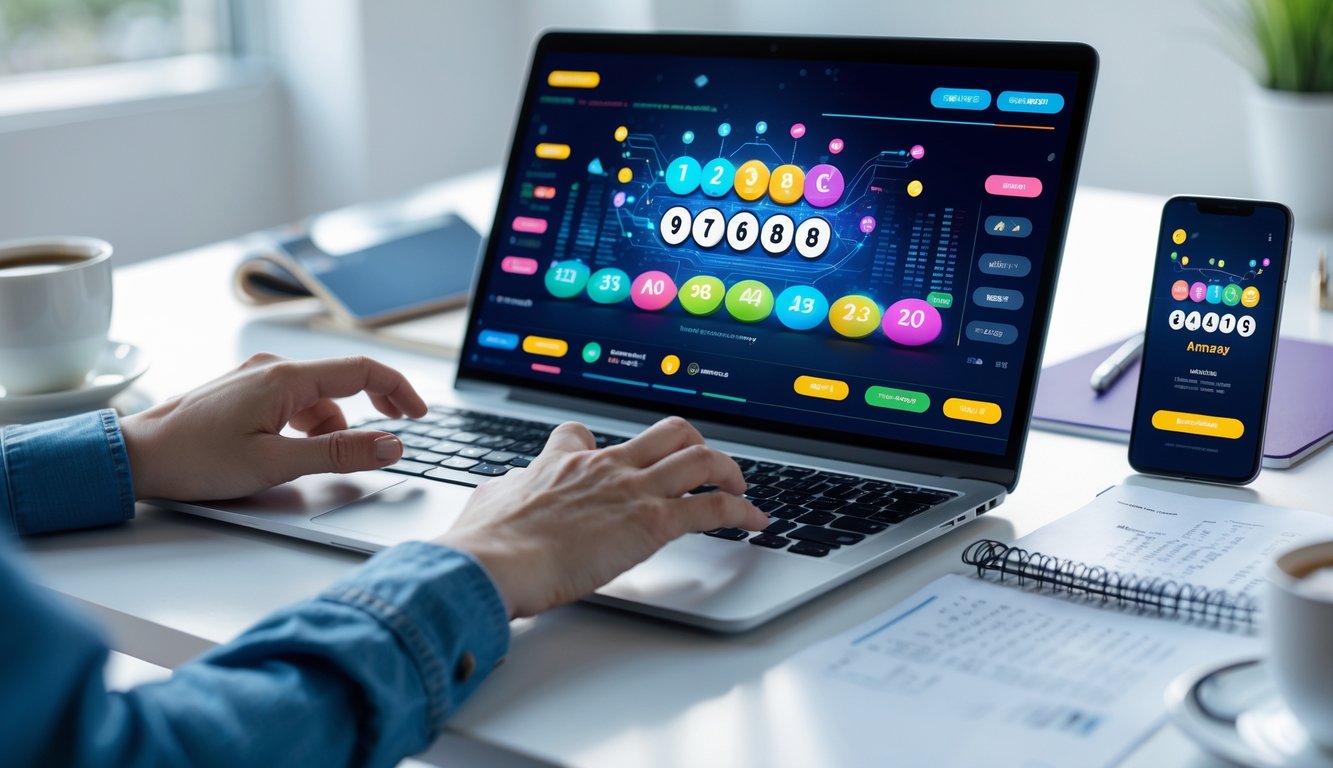 Seorang pengguna berinteraksi dengan laptop yang menampilkan antarmuka taruhan togel online di meja kerja modern.