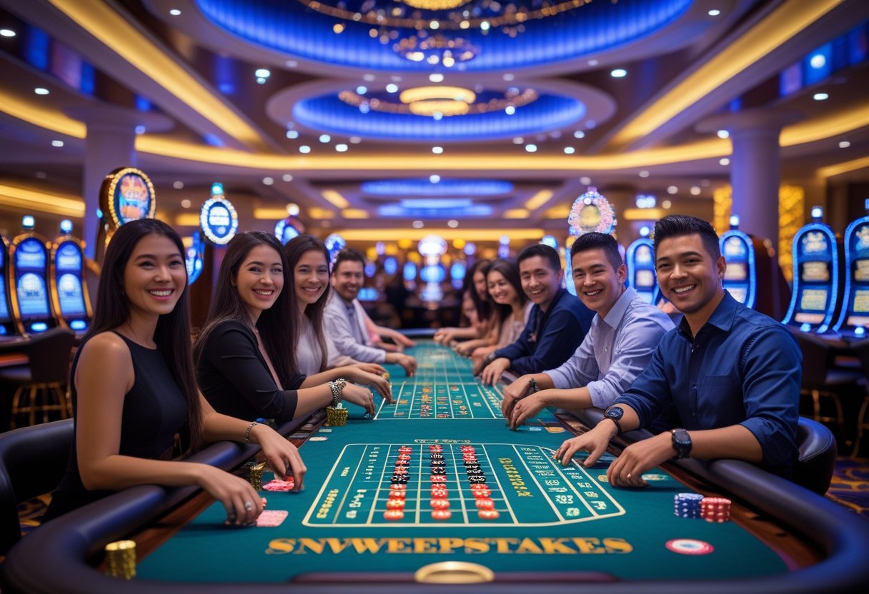 A lively casino interior with people playing slot machines and table games in a bright and elegant setting.