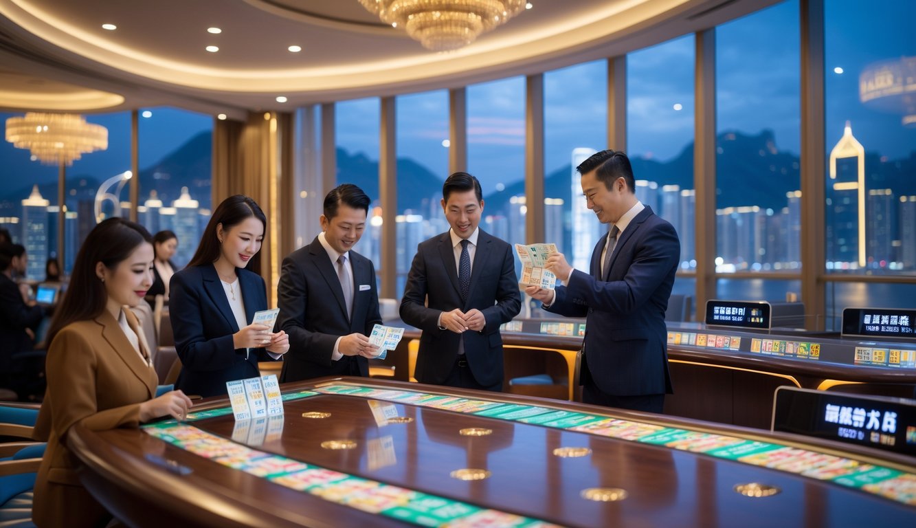 Orang-orang sedang memeriksa tiket lotere di dalam ruangan kasino yang modern dengan pemandangan kota Macau di latar belakang.