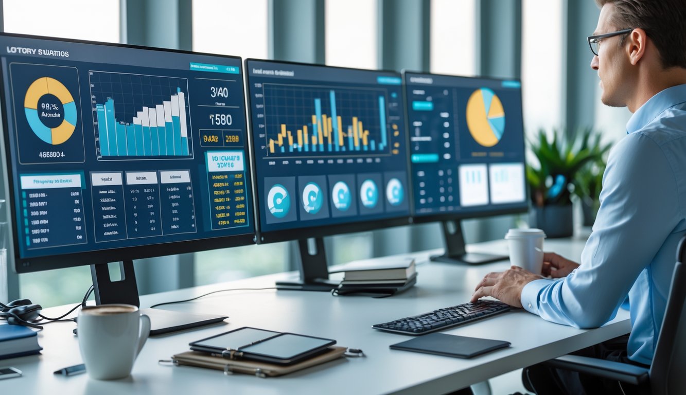 Seorang profesional sedang bekerja di kantor modern dengan beberapa layar komputer yang menampilkan data dan grafik angka.