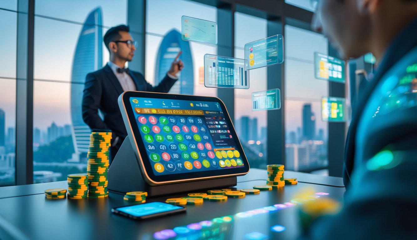 Seorang individu berpakaian rapi sedang menganalisis data pada layar digital di lingkungan modern dengan terminal lotere dan latar kota futuristik.