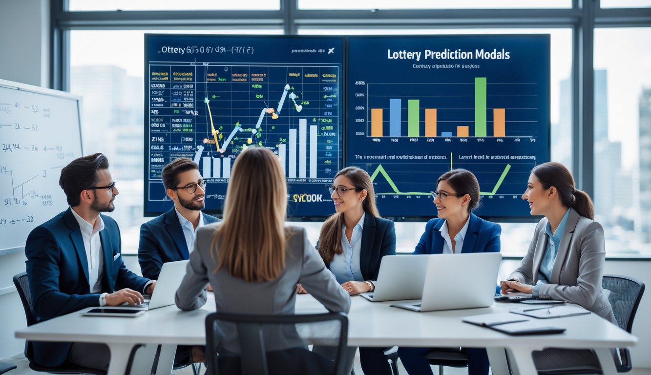 Sekelompok profesional sedang berdiskusi di ruang kantor modern dengan layar digital menampilkan grafik dan data angka.