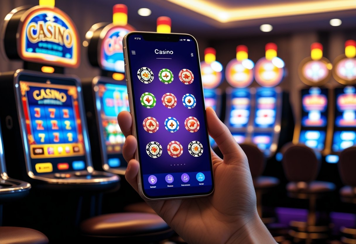 A person holding a smartphone displaying a casino app interface with colorful game icons, set against a blurred casino background with slot machines and poker chips.