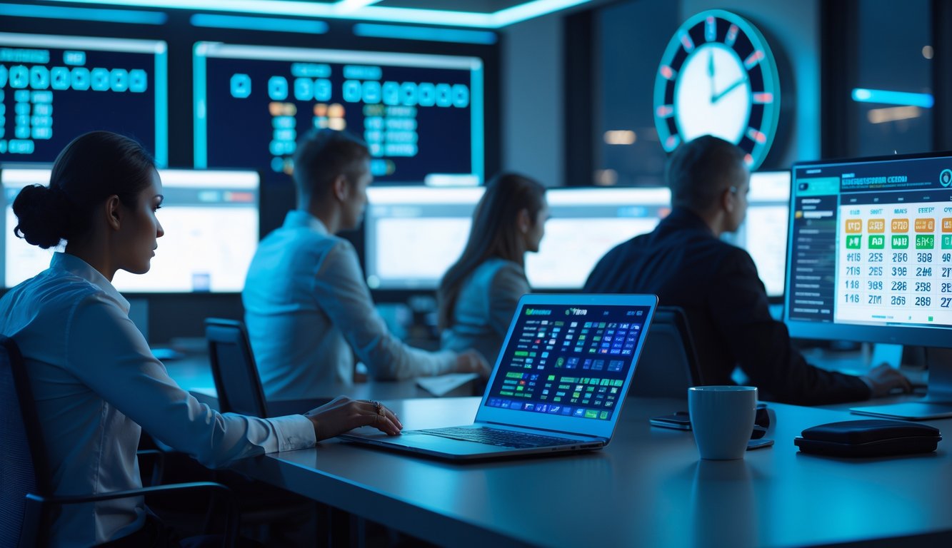 Orang-orang bekerja di kantor modern dengan layar komputer yang menampilkan angka togel digital pada malam hari.