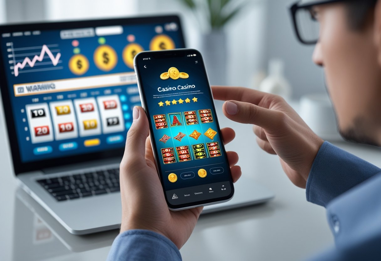 Person holding a smartphone showing a casino app interface, pointing at the screen with a laptop in the background displaying charts and warning signs.