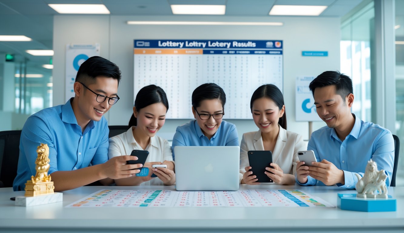 Orang-orang sedang memeriksa hasil lotere di perangkat digital dalam ruangan kantor modern dengan elemen simbolik dari Singapura.
