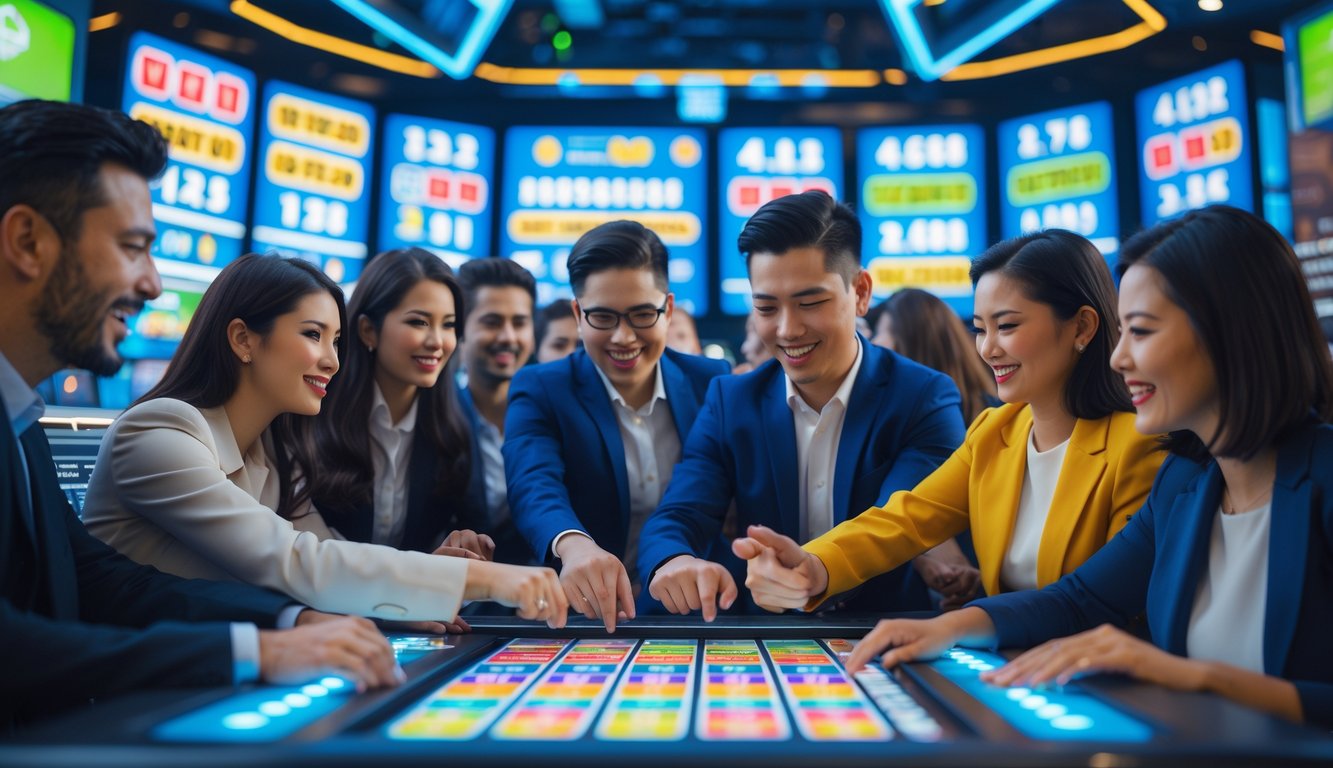 Sekelompok orang yang sedang bermain togel di lingkungan modern dengan layar digital menampilkan angka togel dan suasana yang penuh semangat.