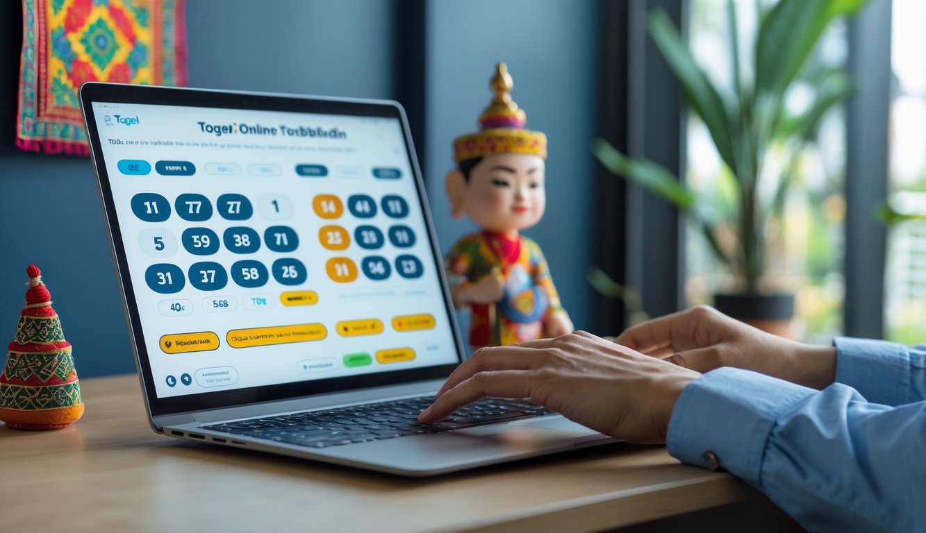 Seseorang menggunakan laptop dengan tampilan angka lotere digital di meja kerja dengan elemen budaya Indonesia di latar belakang.