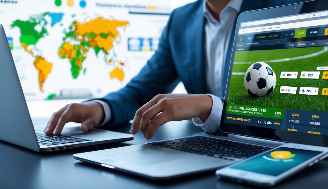 Seorang pria menggunakan laptop dan perangkat digital lainnya untuk memasang taruhan sepak bola online di ruang kerja modern.