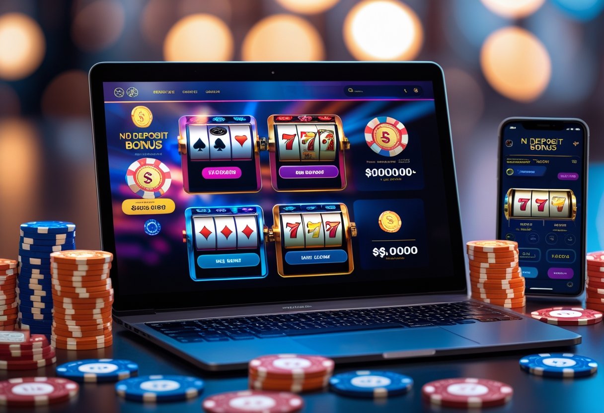 A laptop and smartphone on a desk displaying online casino games with poker chips and playing cards around them.