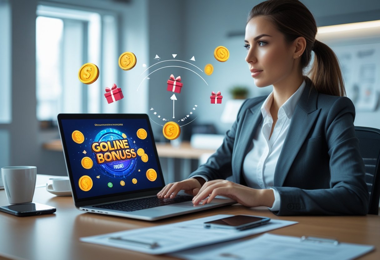 A young businesswoman sitting at a desk using a laptop with digital icons of coins and gifts floating around the screen in a modern office.