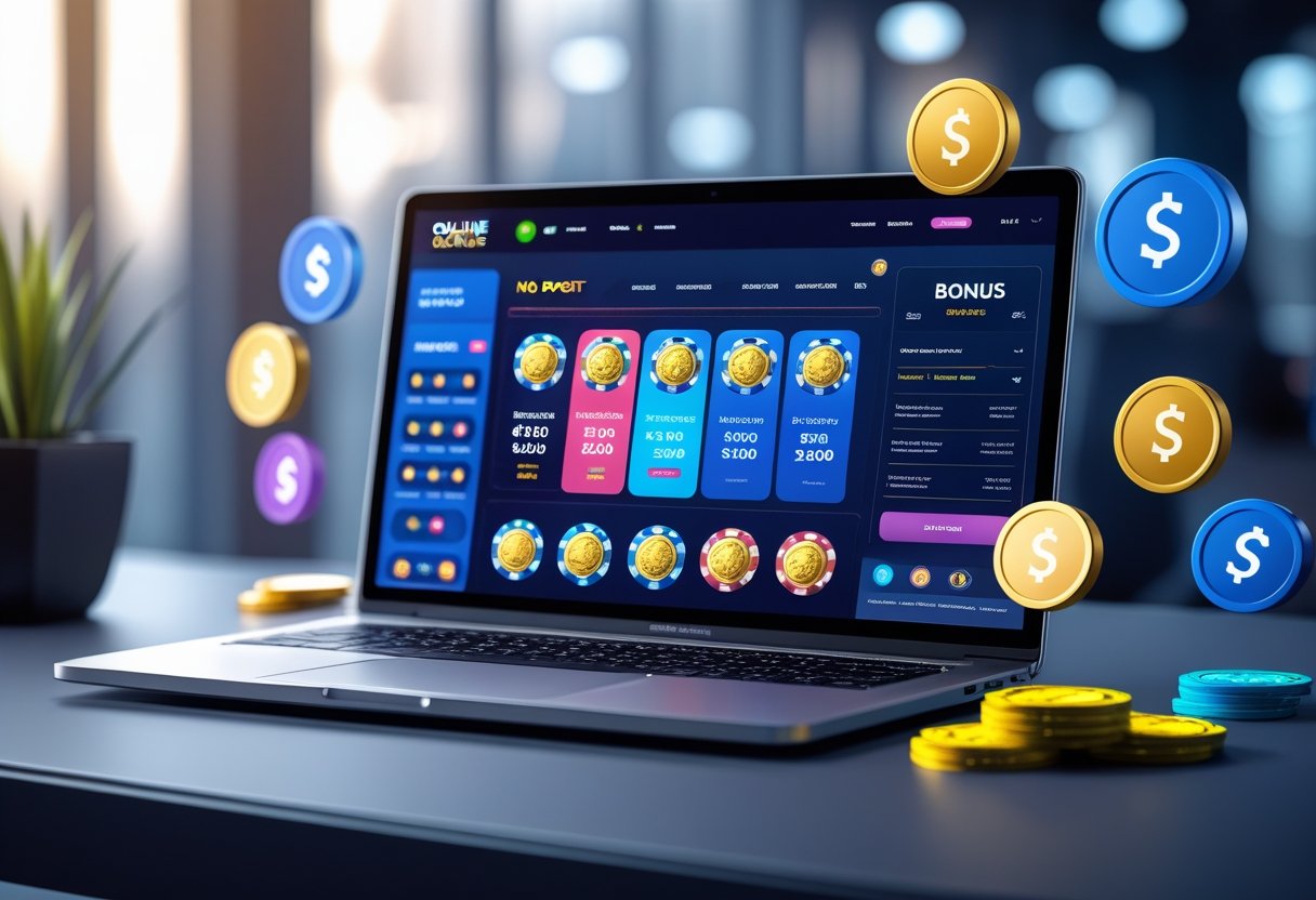 A modern workspace with a laptop showing an online casino interface and digital tokens representing no deposit bonuses.