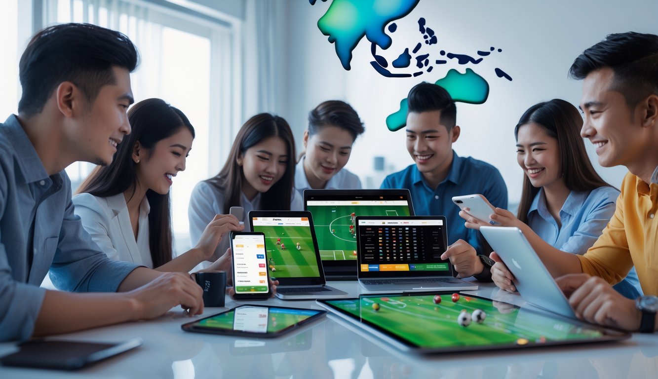 Sekelompok orang muda menggunakan perangkat digital untuk memasang taruhan bola secara online dengan latar belakang elemen budaya Indonesia.