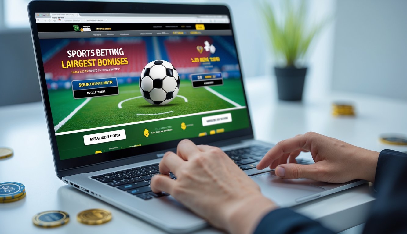 Seseorang menggunakan komputer untuk bertaruh bola online dengan latar ruang kerja yang rapi.