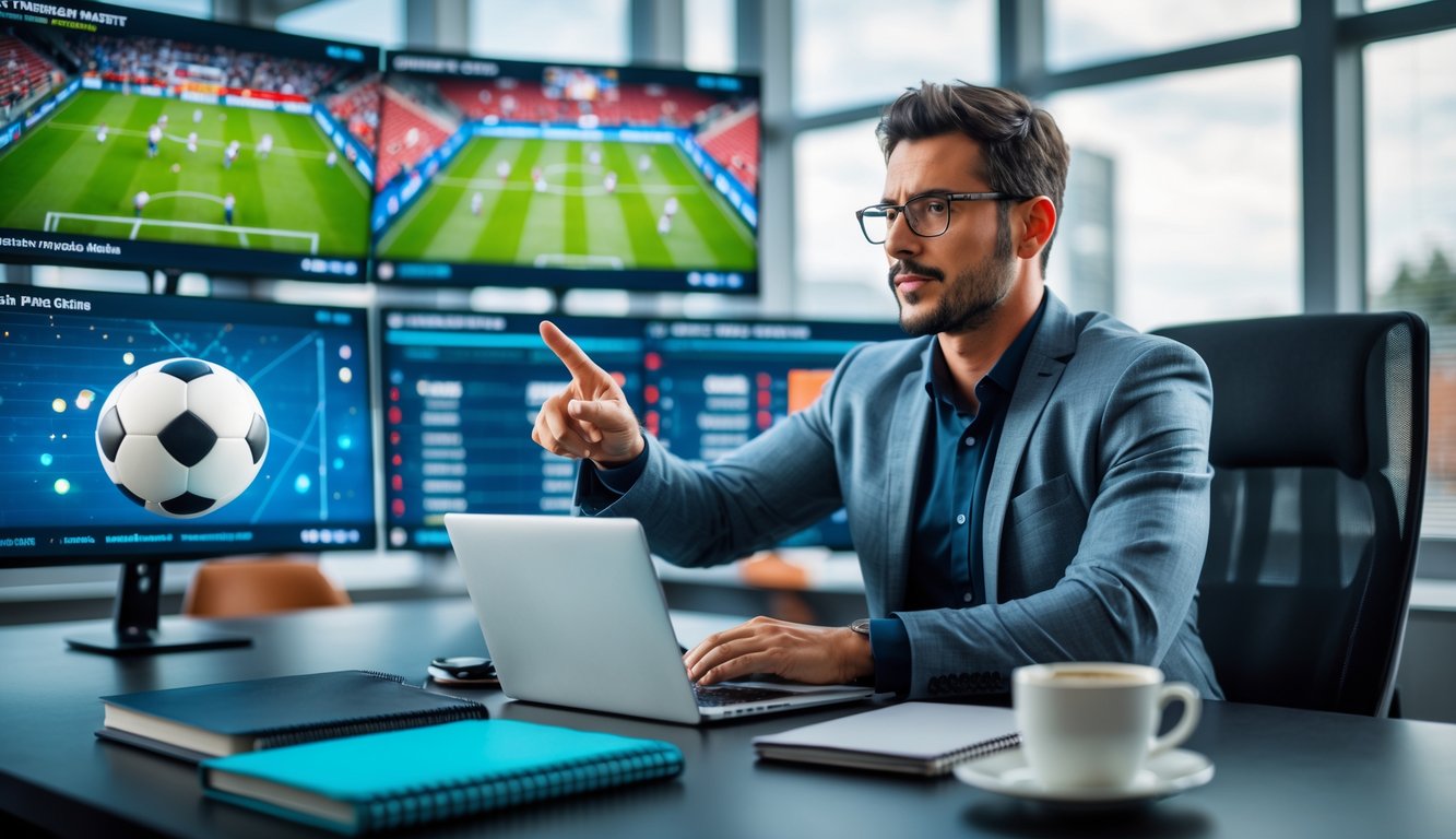 Seorang analis olahraga di kantor modern sedang menunjukkan prediksi pertandingan sepak bola dengan layar besar menampilkan statistik dan grafik.
