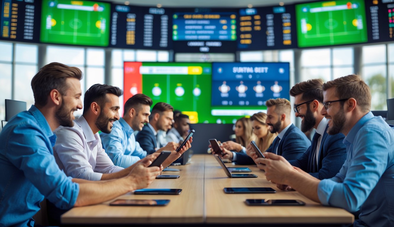 Orang-orang sedang memasang taruhan sepak bola di sebuah ruang taruhan modern dengan layar digital besar yang menampilkan statistik pertandingan secara langsung.