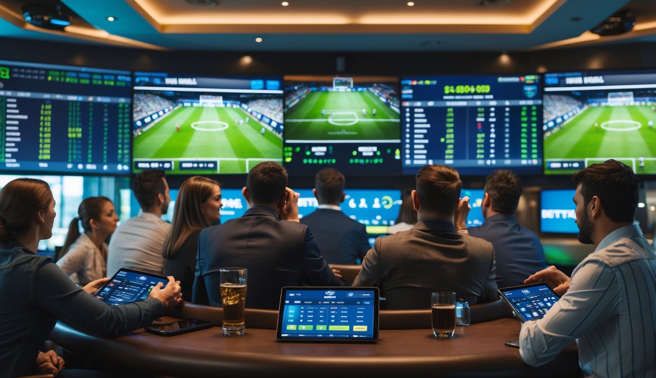 Beberapa orang sedang menonton pertandingan sepak bola langsung dan memasang taruhan di perangkat digital di sebuah ruang taruhan modern.