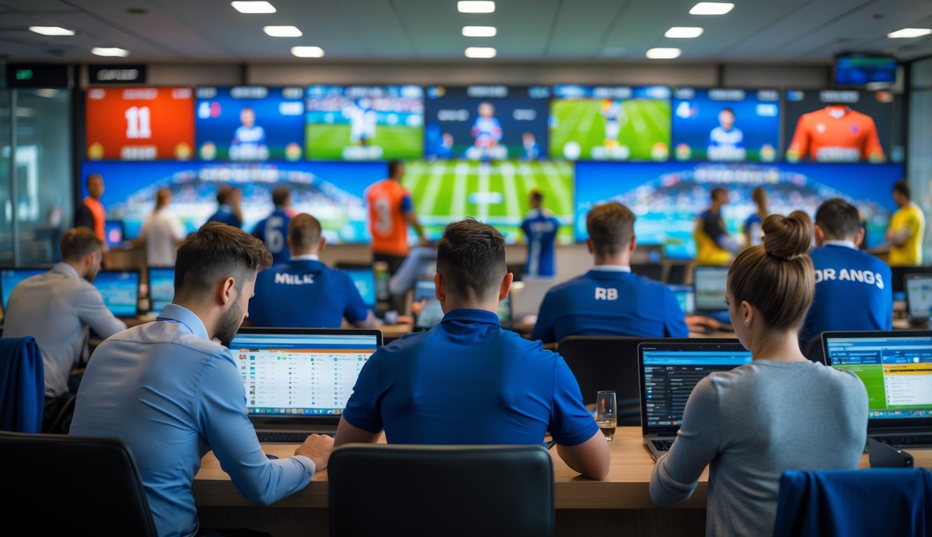 Orang-orang sedang memasang taruhan sepak bola Liga Eropa di sebuah ruangan dengan layar besar yang menampilkan pertandingan langsung.