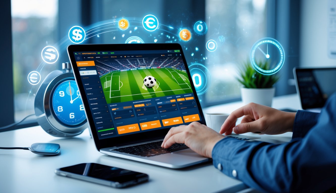 Seseorang menggunakan laptop untuk bertaruh sepak bola secara online dengan cepat di meja kerja yang rapi.