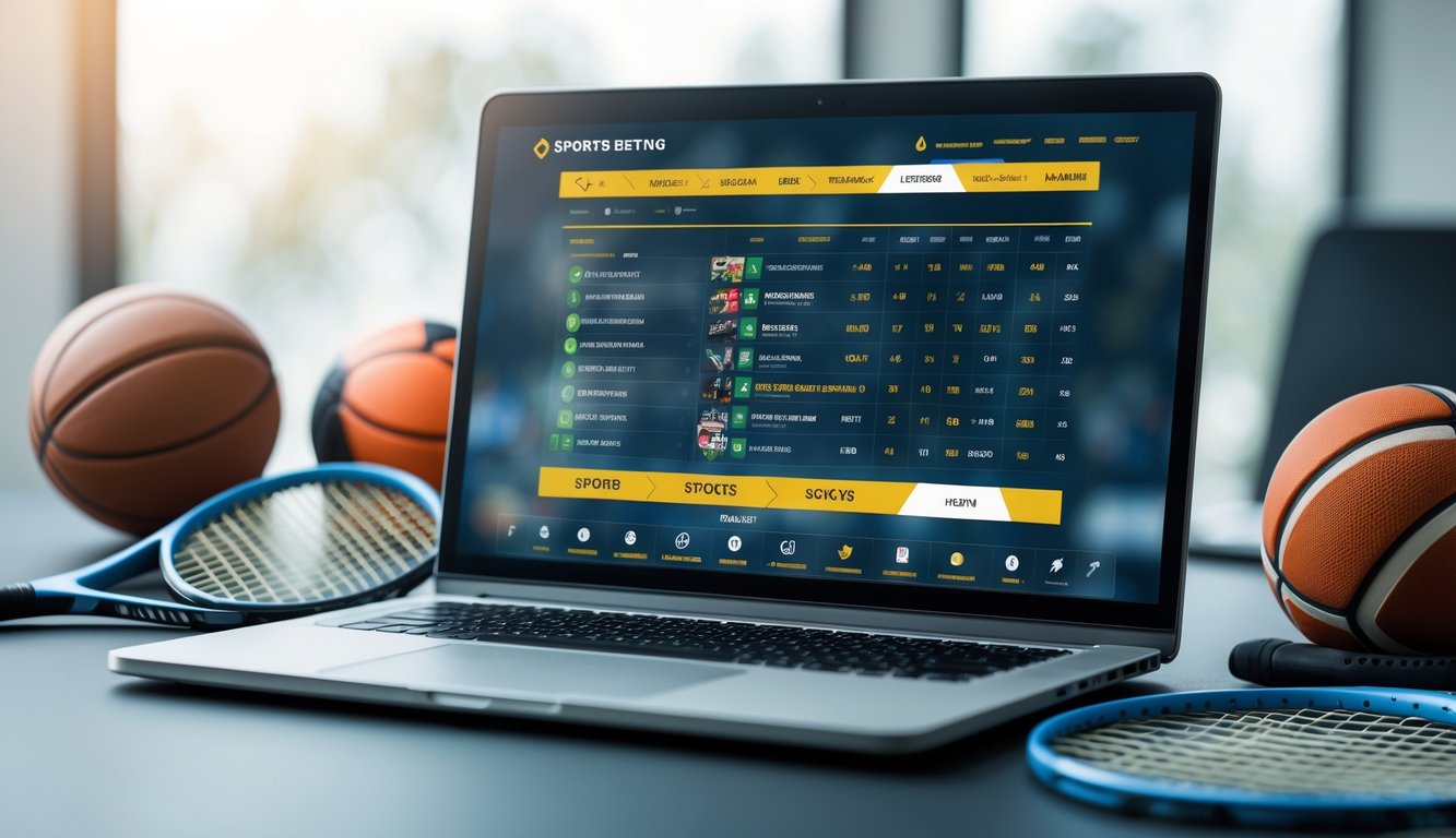 Seorang pria menggunakan laptop di meja kerja dengan latar belakang alat olahraga seperti bola sepak dan raket tenis.