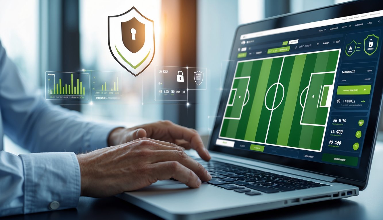 Seseorang menggunakan laptop dengan tampilan lapangan sepak bola digital dan grafik taruhan di meja kerja modern.