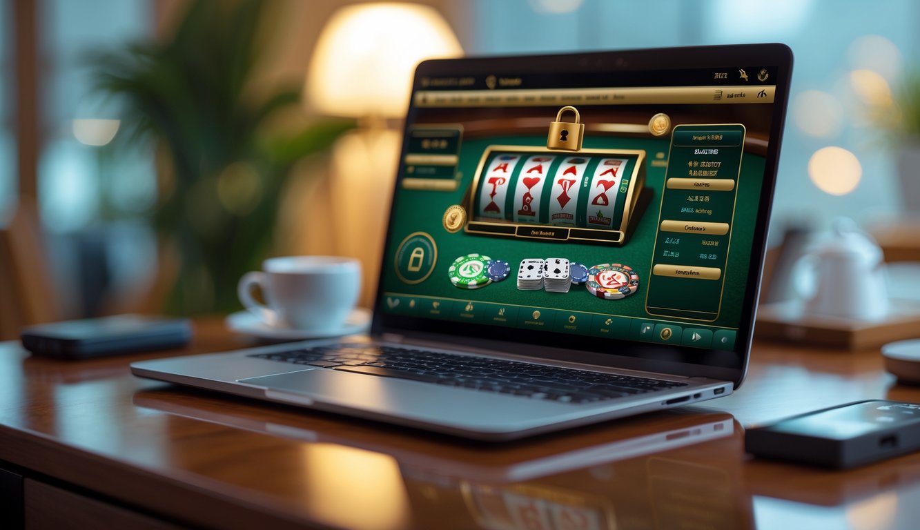 Seorang pria menggunakan laptop dengan permainan blackjack online di layar, di meja kayu dengan suasana nyaman.