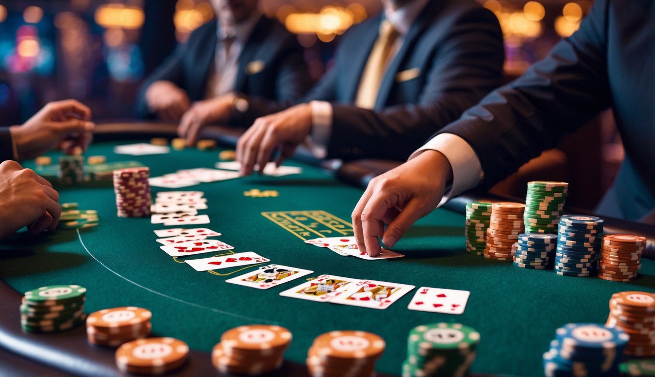 Meja blackjack di kasino dengan kartu dan chip yang tertata rapi, dealer sedang membagikan kartu kepada pemain.