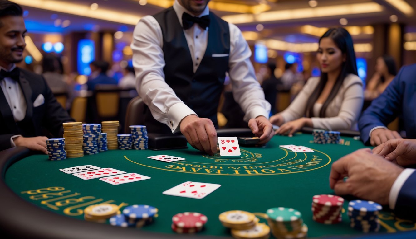 Suasana permainan blackjack langsung dengan dealer dan pemain di meja kasino yang terang.